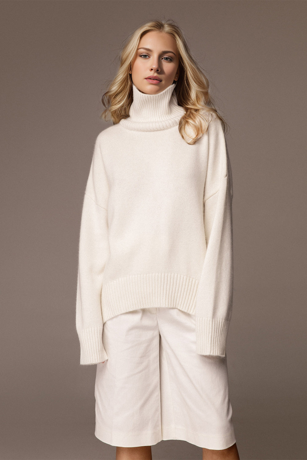 One Size Turtleneck Dropped Shoulder Long Sleeve Sweater