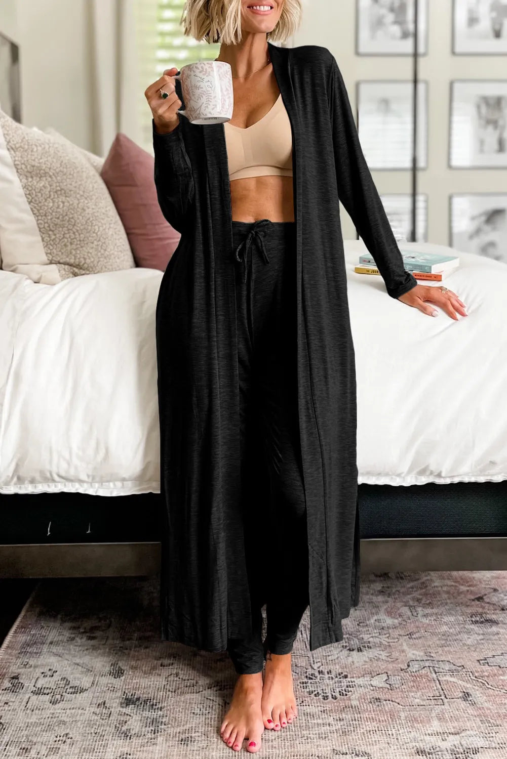 Open Front Long Sleeve Cardigan & Pants Lounge Set