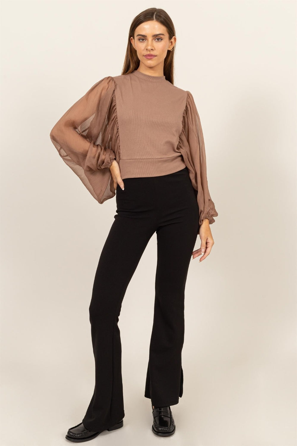 Ruched Sheer Sleeve Blouse