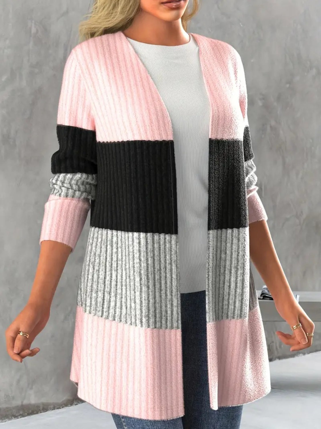 Regular & Plus Size Color Block Open Front Cardigan