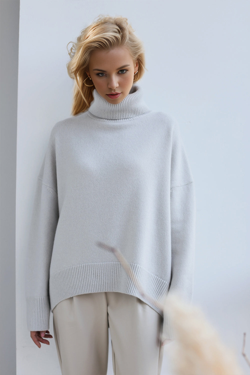 One Size Turtleneck Dropped Shoulder Long Sleeve Sweater