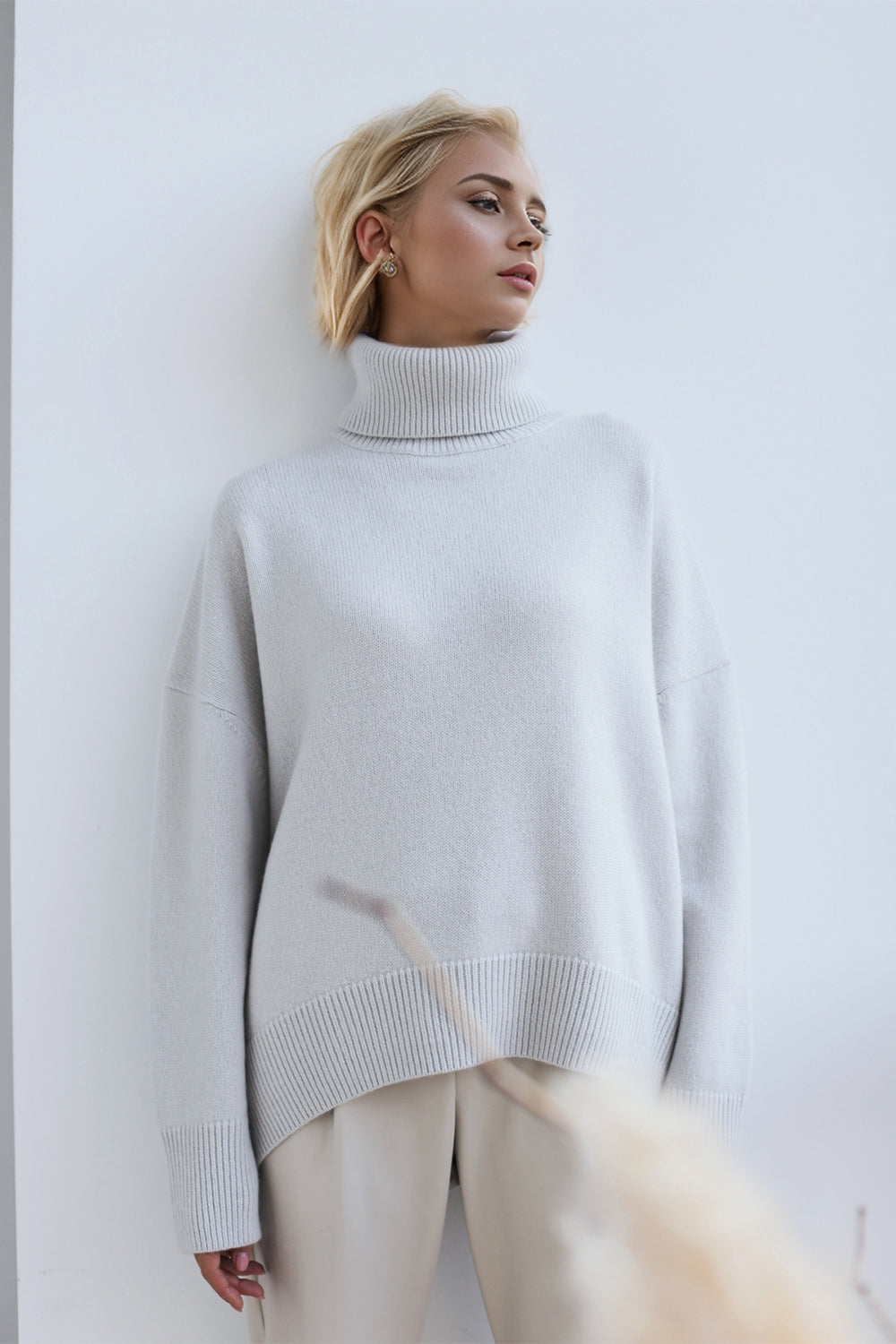 One Size Turtleneck Dropped Shoulder Long Sleeve Sweater