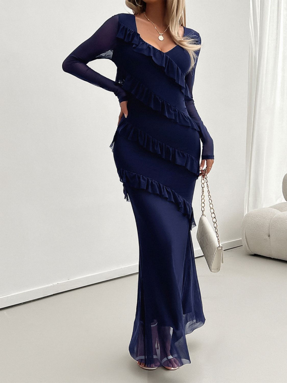 Delightful Ruffled Surplice Long Sleeve Maxi Dress