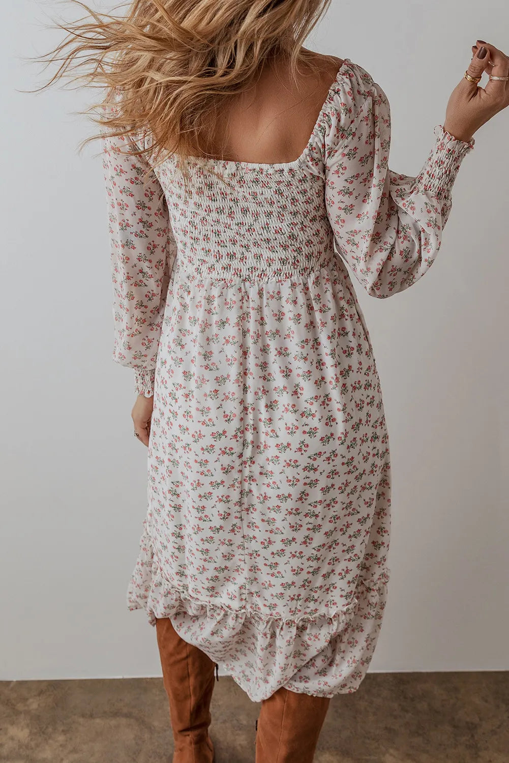 Autumn Vibes Floral Square Neck Long Sleeve Midi Dress