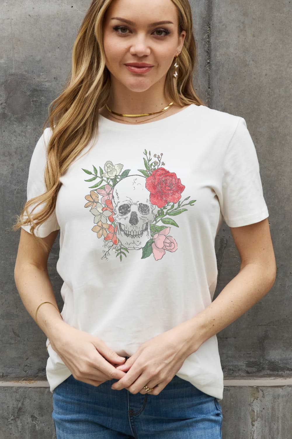 Regular & Plus Size Floral Skull Graphic Cotton Tee