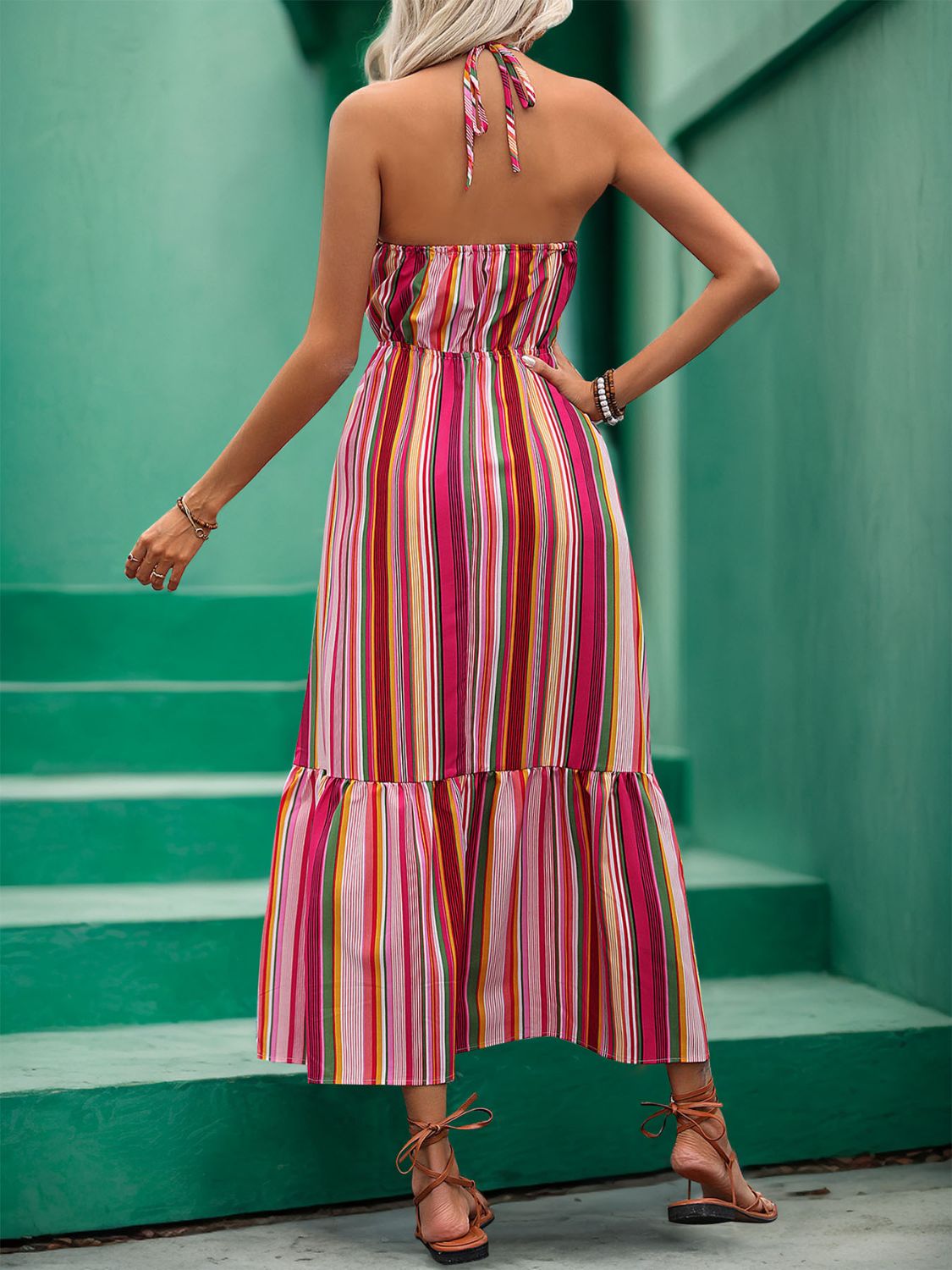 Lace Detail Striped Halter Midi Dress