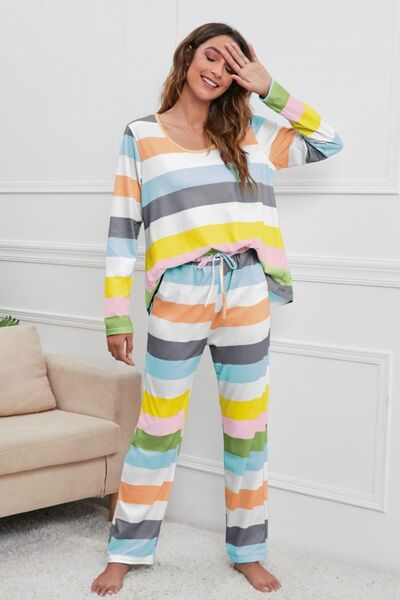 Striped Long Sleeve Top & Drawstring Pants Lounge Set