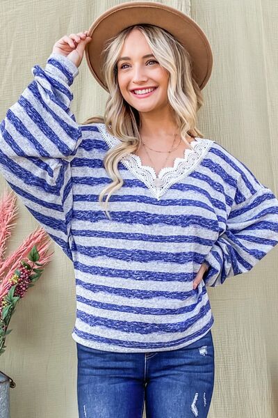 Chic Striped Lace Detail V Neck Top