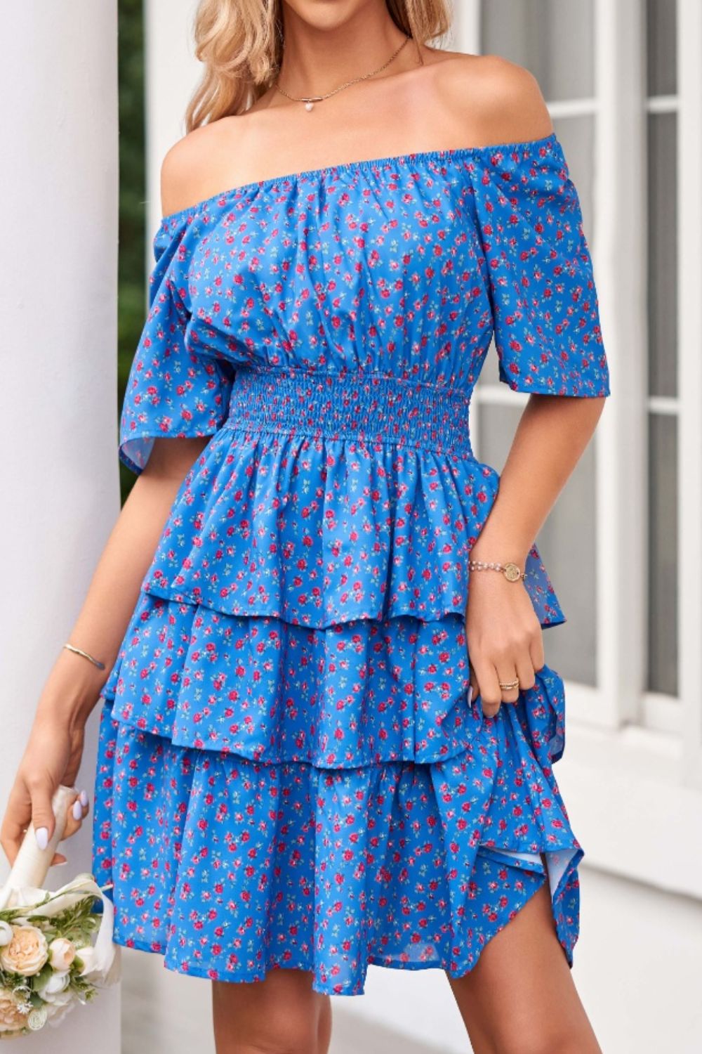 Off-Shoulder Floral Layered Dress