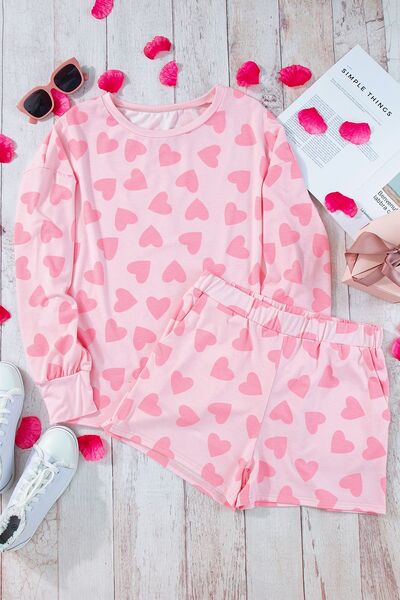 Heart Print Top and Shorts Lounge Set