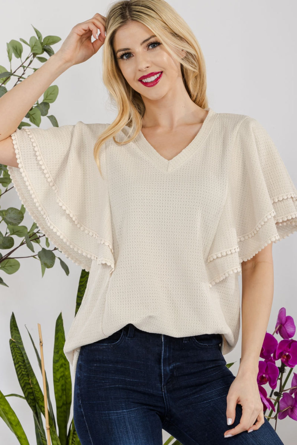 Regular and Plus Size Lace Trim Flutter Sleeve Top