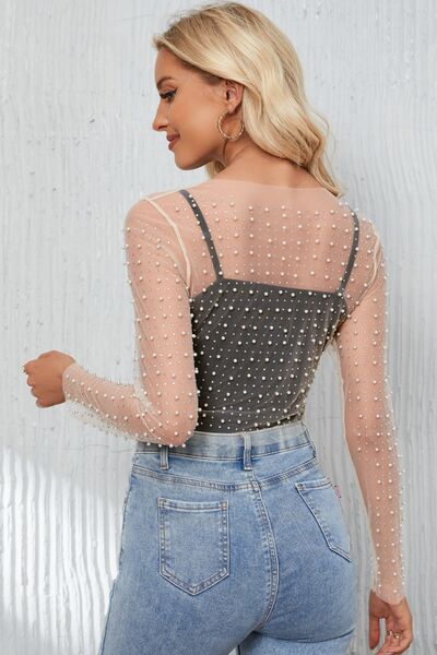 Pearl Long Sleeve Mesh Cropped Top