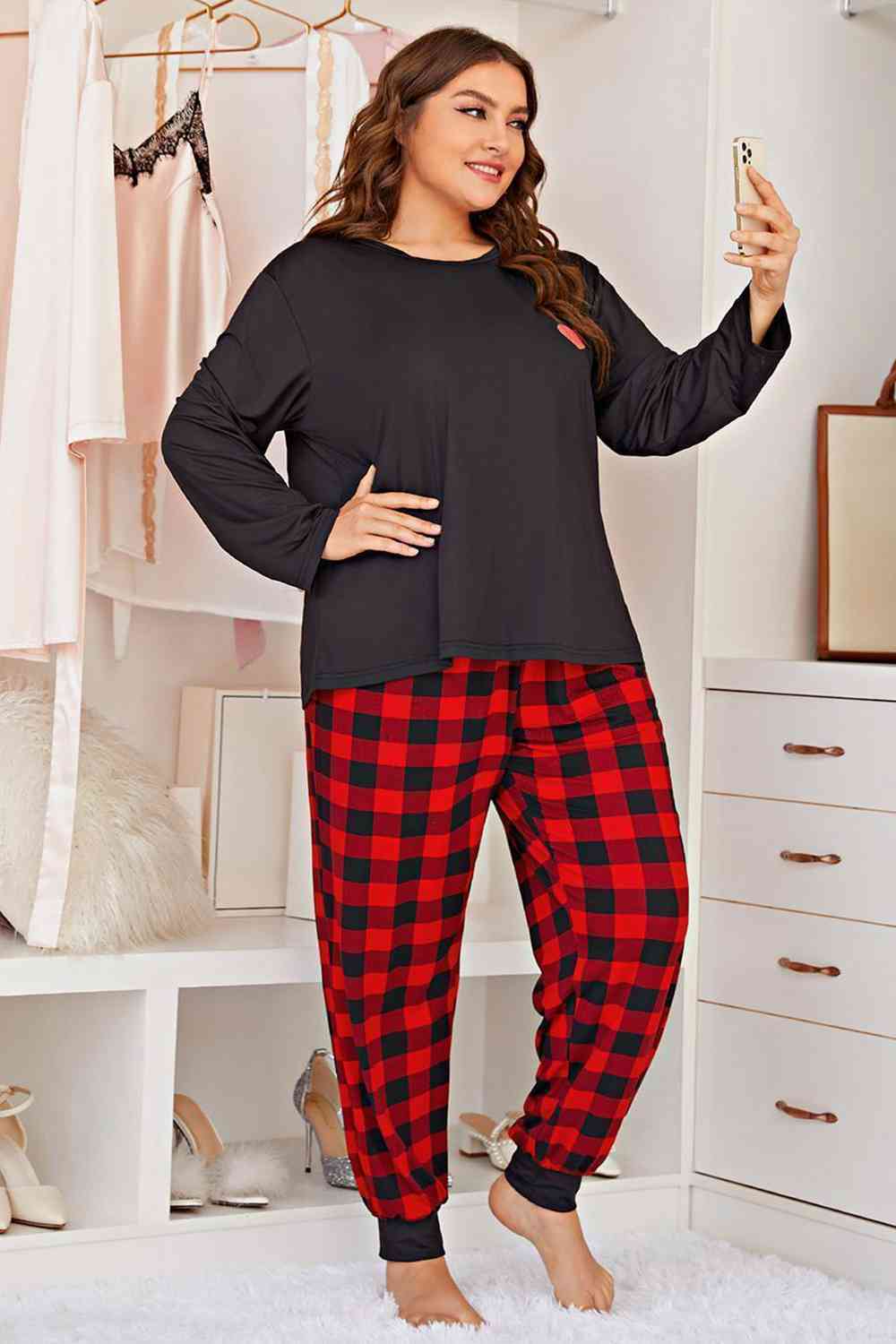 Cozy Heart Graphic Top and Plaid Joggers Lounge Set