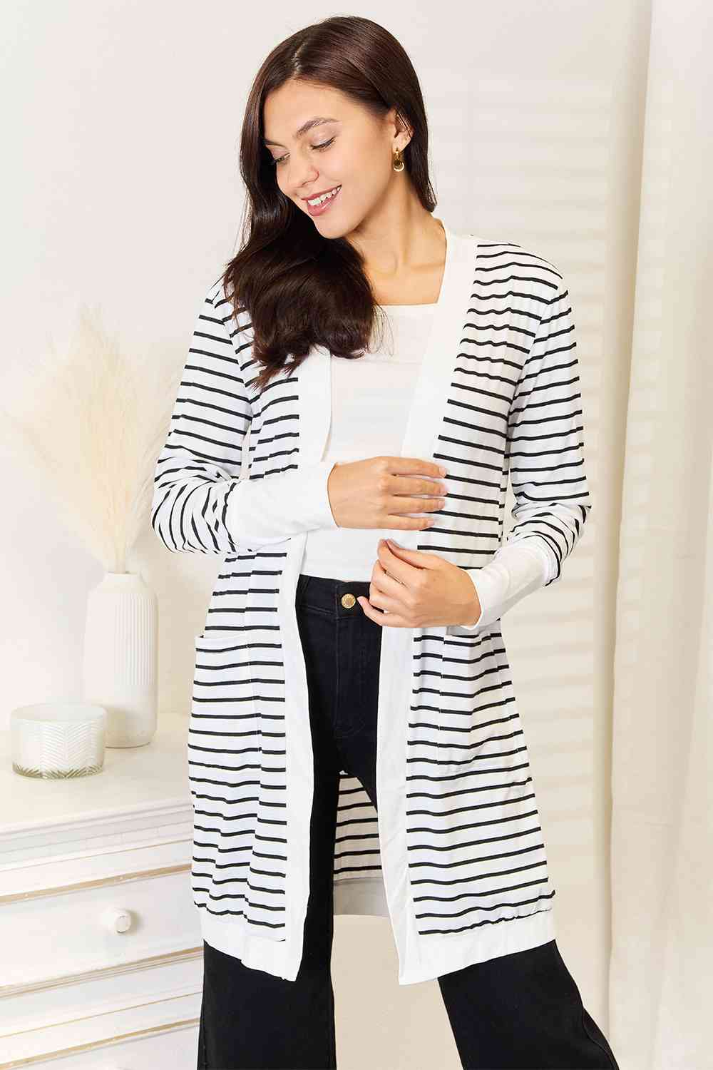 Chic Striped Open Front Longline Cardigan