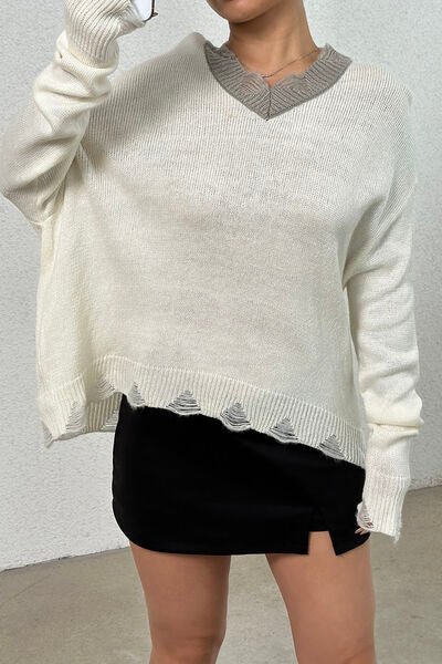 Distressed V-Neck Sweater