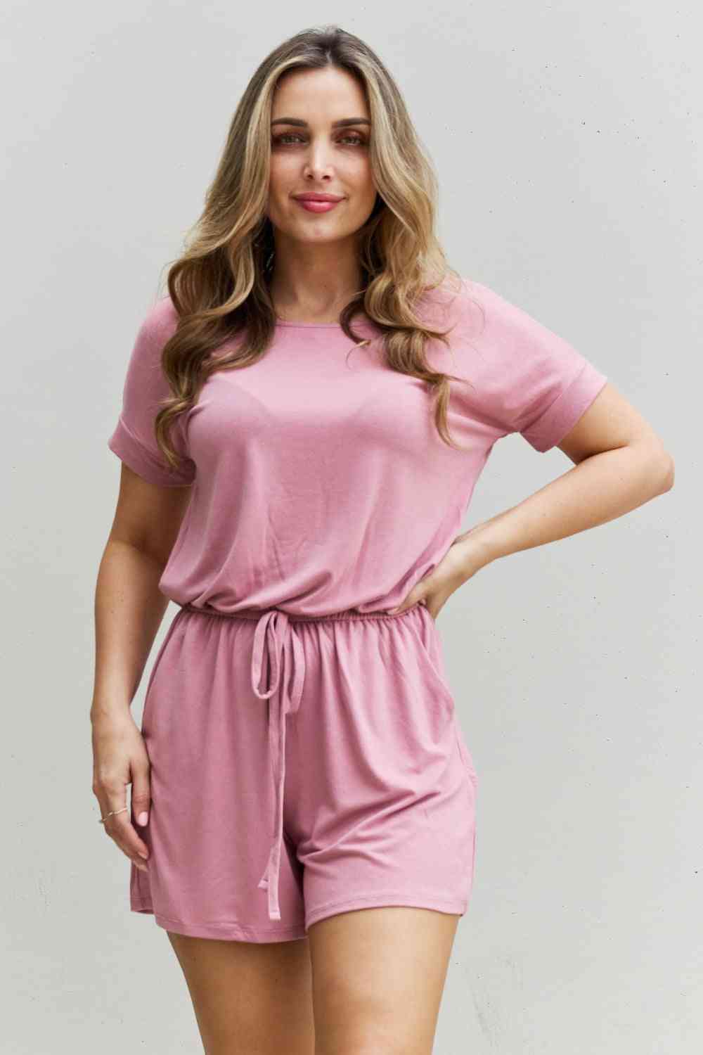 Comfy Short Sleeve Romper in Light Carnation Pink