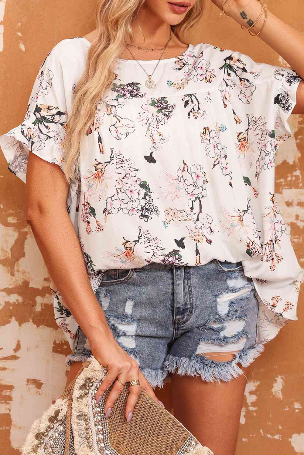 Classy Floral Flounce Sleeve Blouse