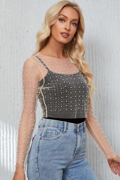 Pearl Long Sleeve Mesh Cropped Top