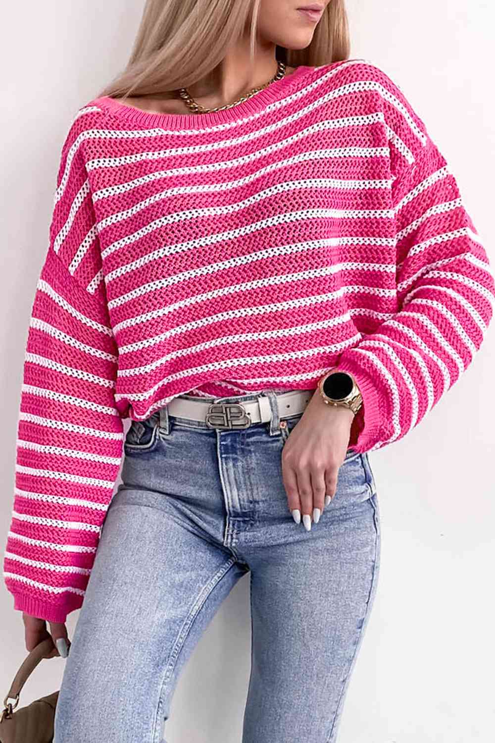 Pink Striped Drop Shoulder Sweater