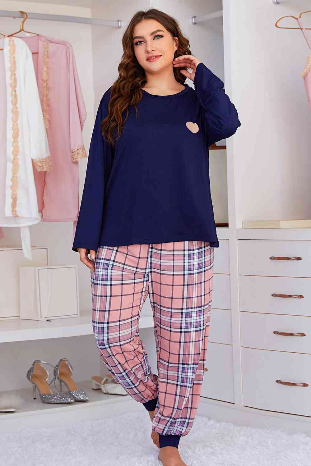 Cozy Heart Graphic Top and Plaid Joggers Lounge Set