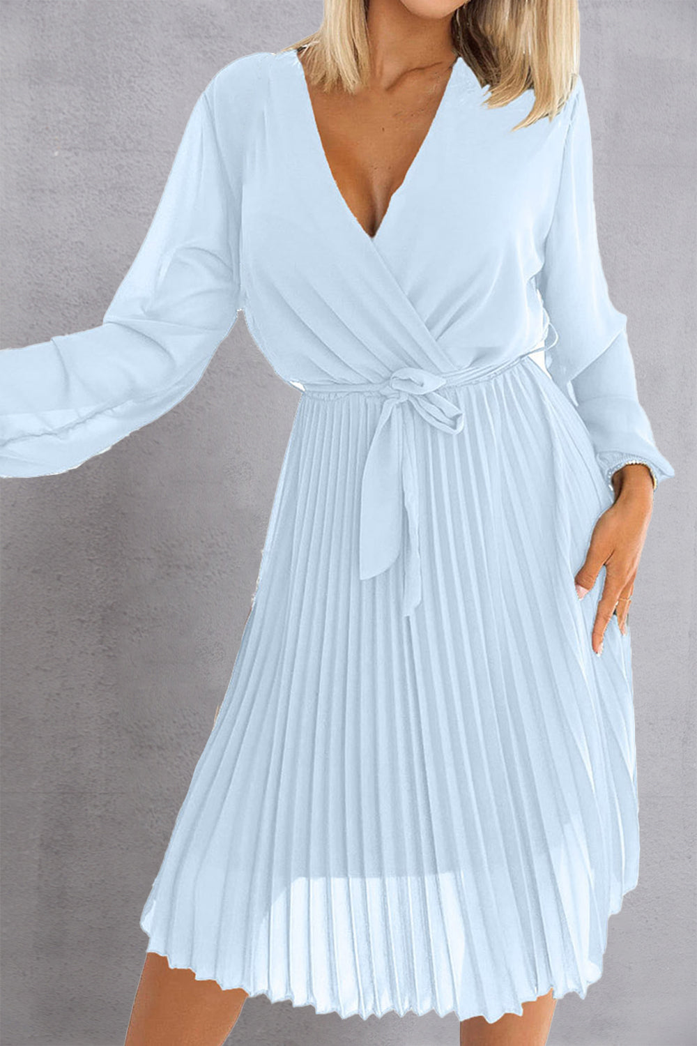 Misty Blue Surplice Pleated Dress