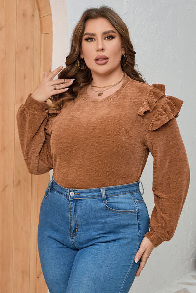 Ruffled Round Neck Long Sleeve T-Shirt