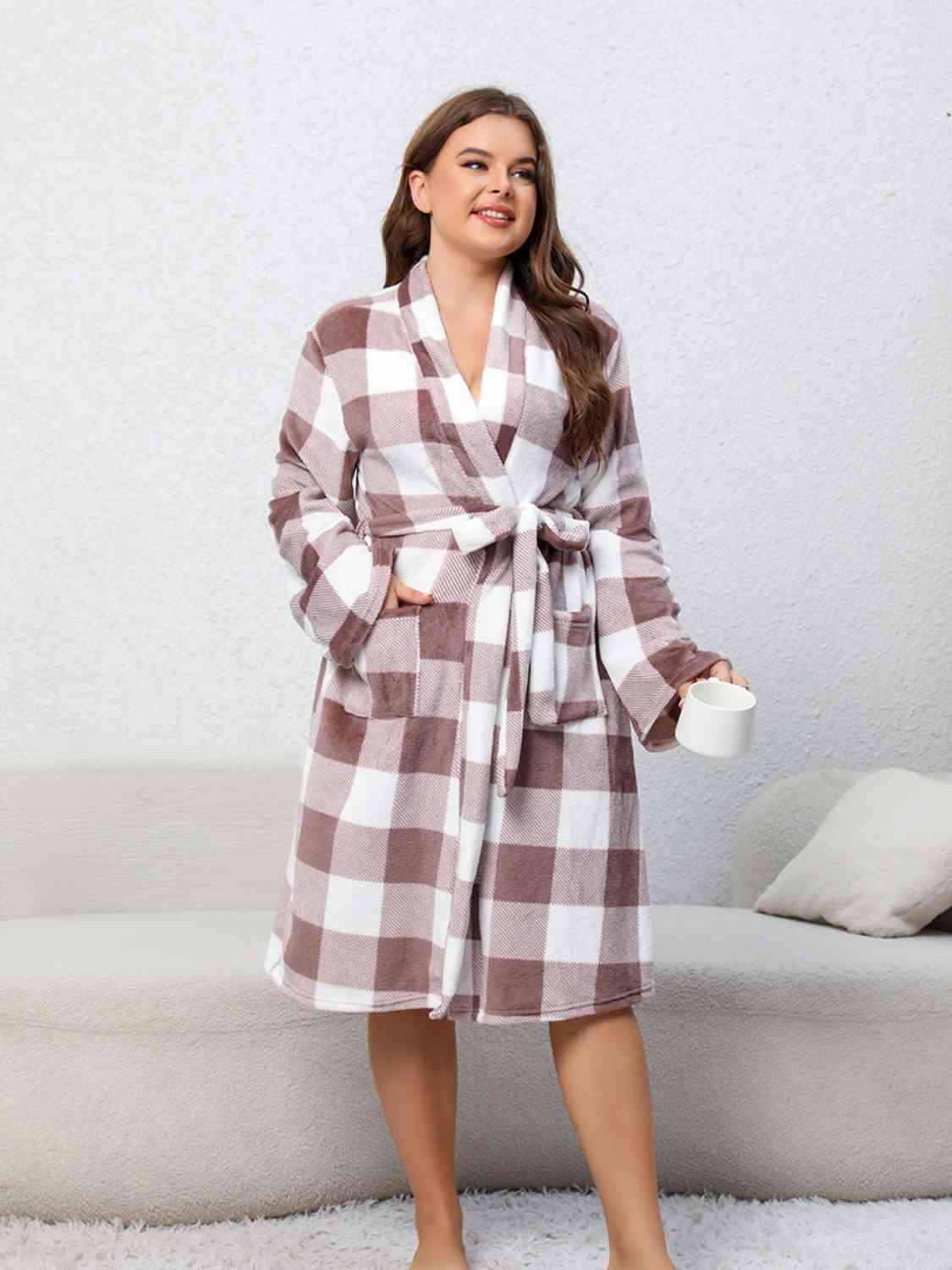 Plaid Tie Front Robe with Pockets