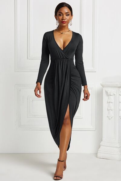 High-Low Ruched Surplice Long Sleeve Dress