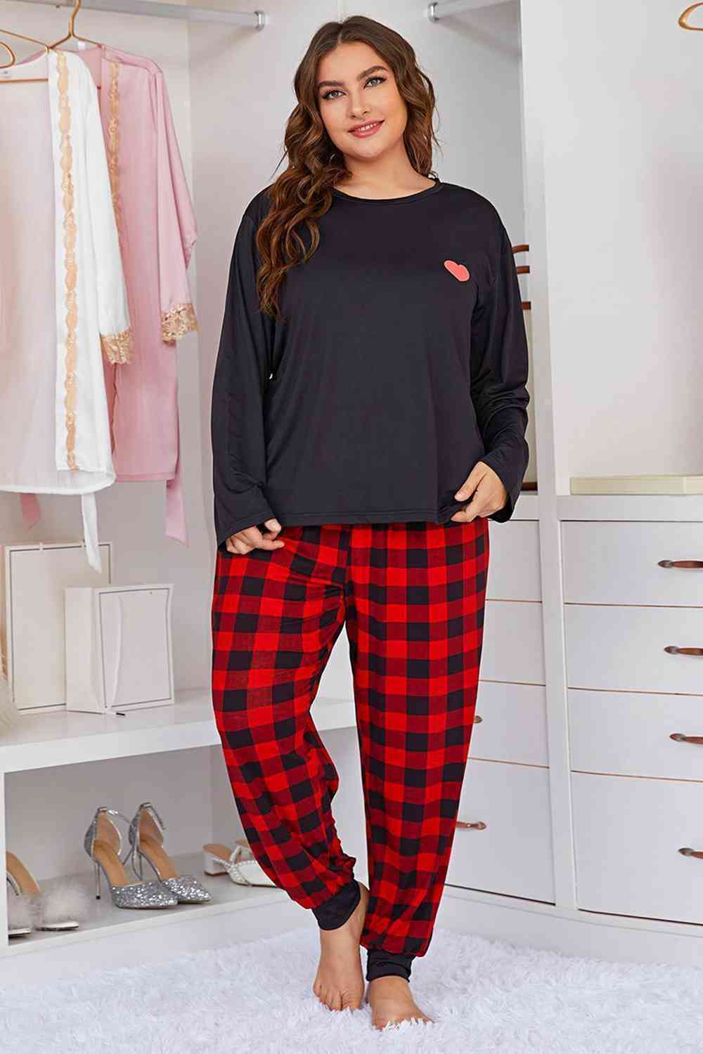 Cozy Heart Graphic Top and Plaid Joggers Lounge Set