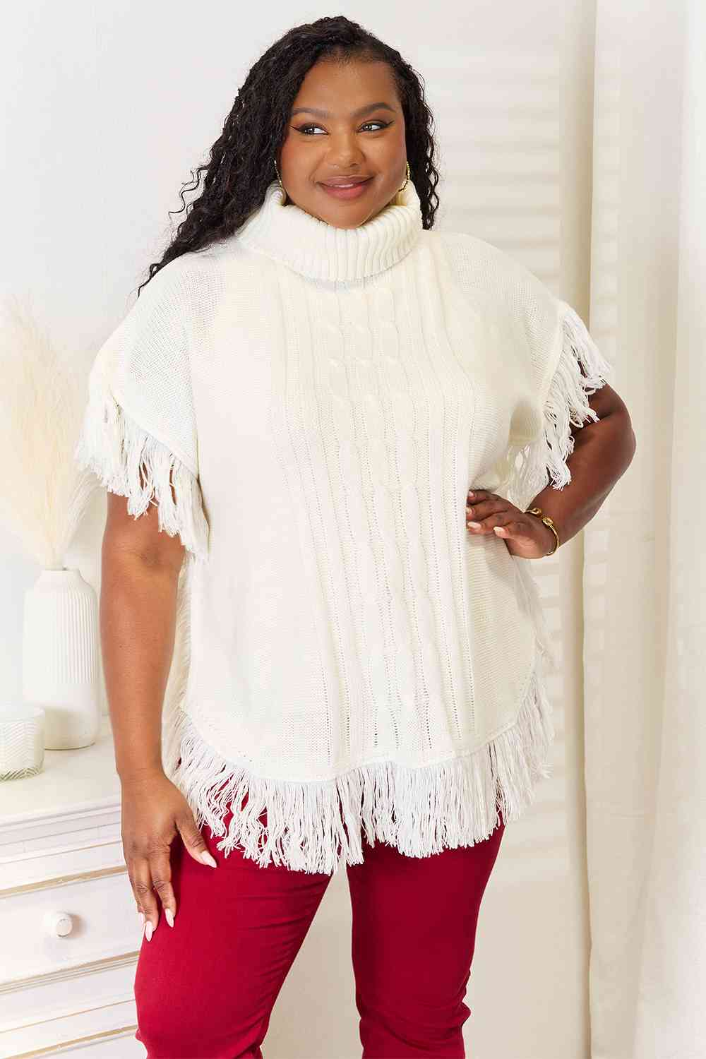 Versatile Turtle Neck Fringe Poncho