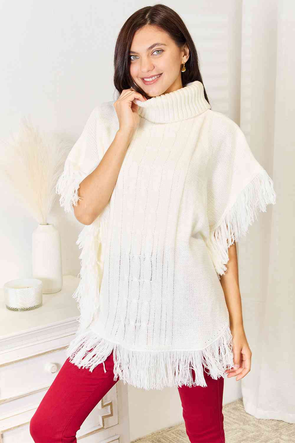 Versatile Turtle Neck Fringe Poncho