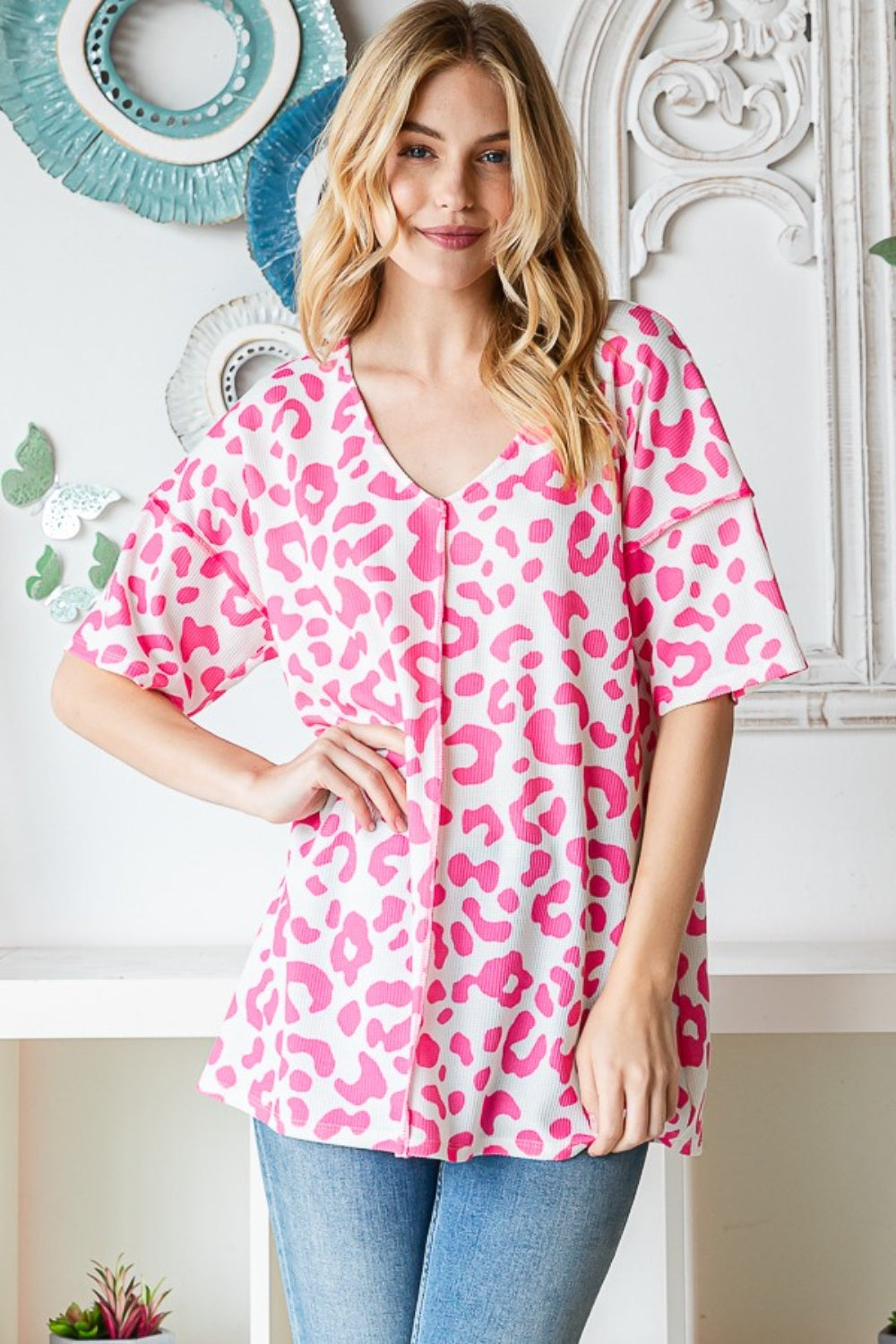 Regular and Plus Size Pink Leopard Print Top