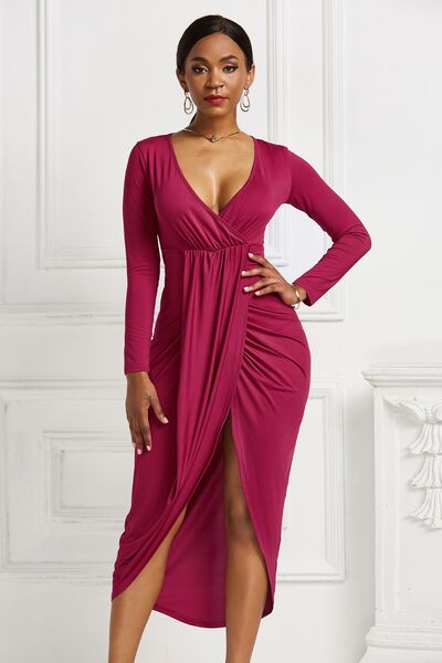 High-Low Ruched Surplice Long Sleeve Dress