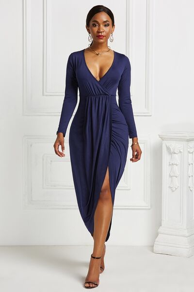 High-Low Ruched Surplice Long Sleeve Dress