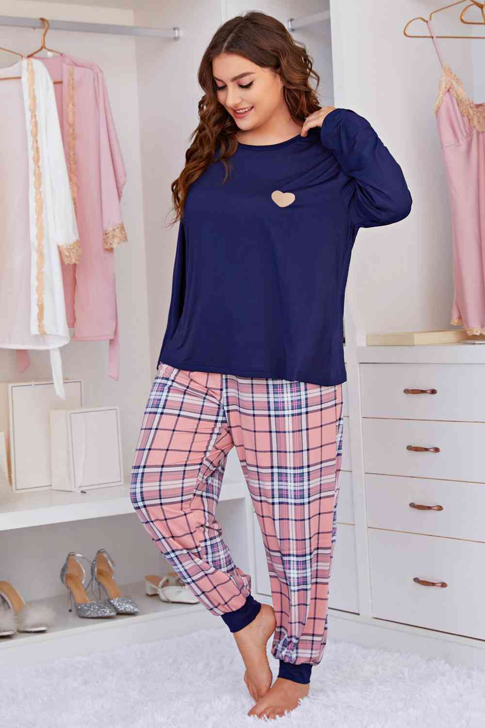 Cozy Heart Graphic Top and Plaid Joggers Lounge Set