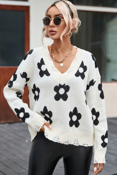 Flower Distressed V-Neck Sweater