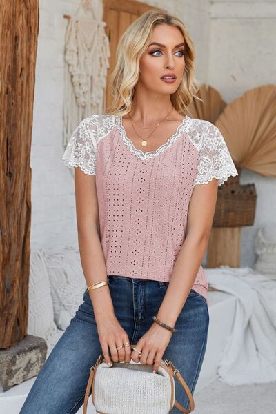 Regular and Plus Size Eyelet Lace Sleeve Top