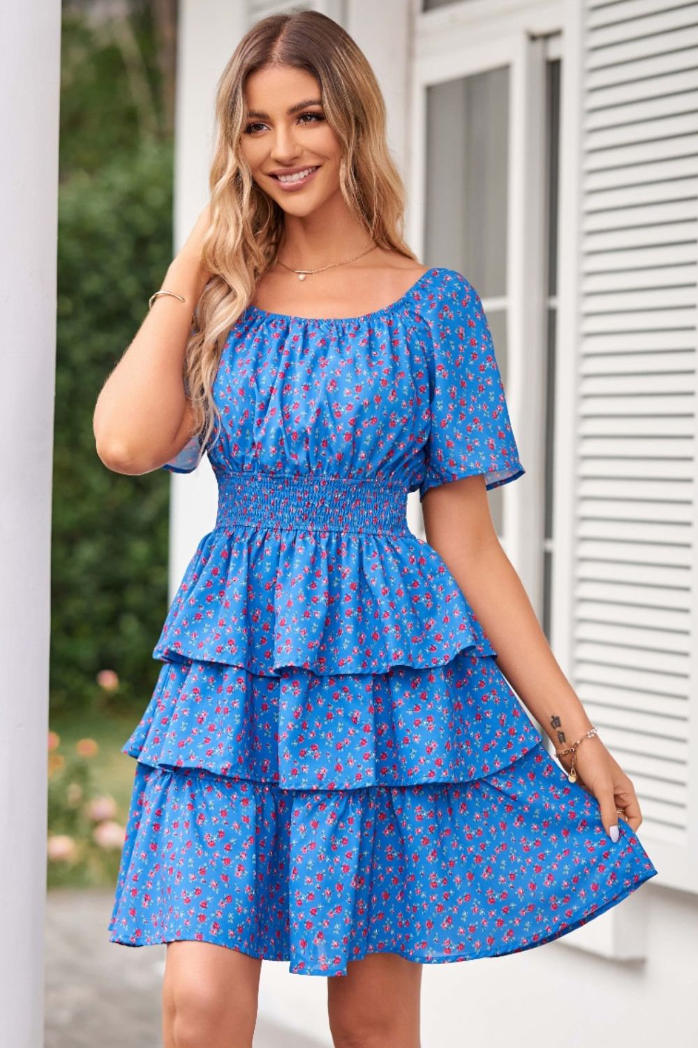 Off-Shoulder Floral Layered Dress