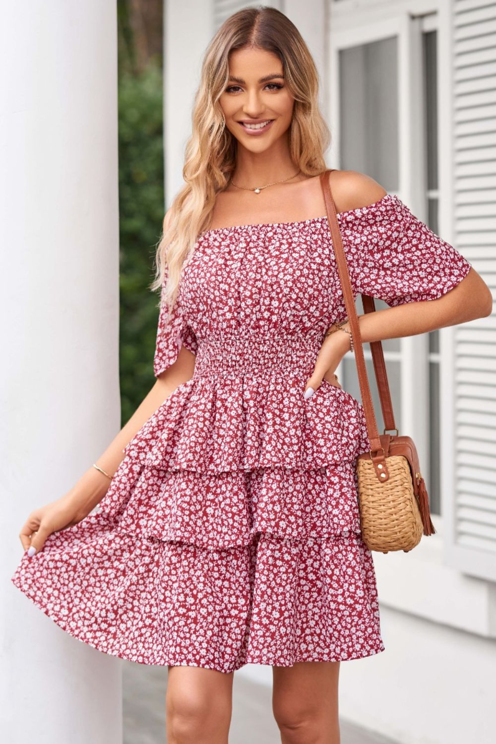 Off-Shoulder Floral Layered Dress