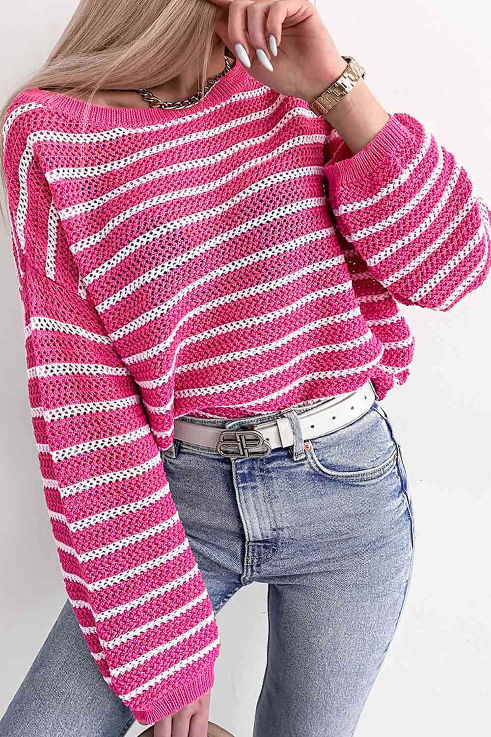 Pink Striped Drop Shoulder Sweater