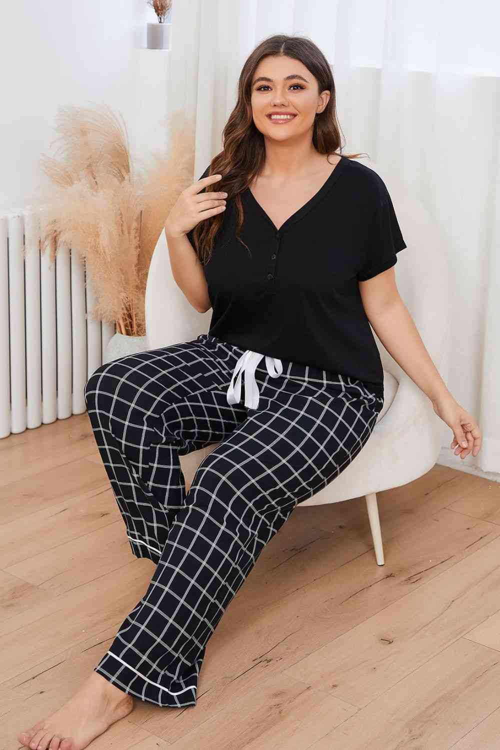 Curvy Shop V-Neck Top and Plaid Pants Lounge Set