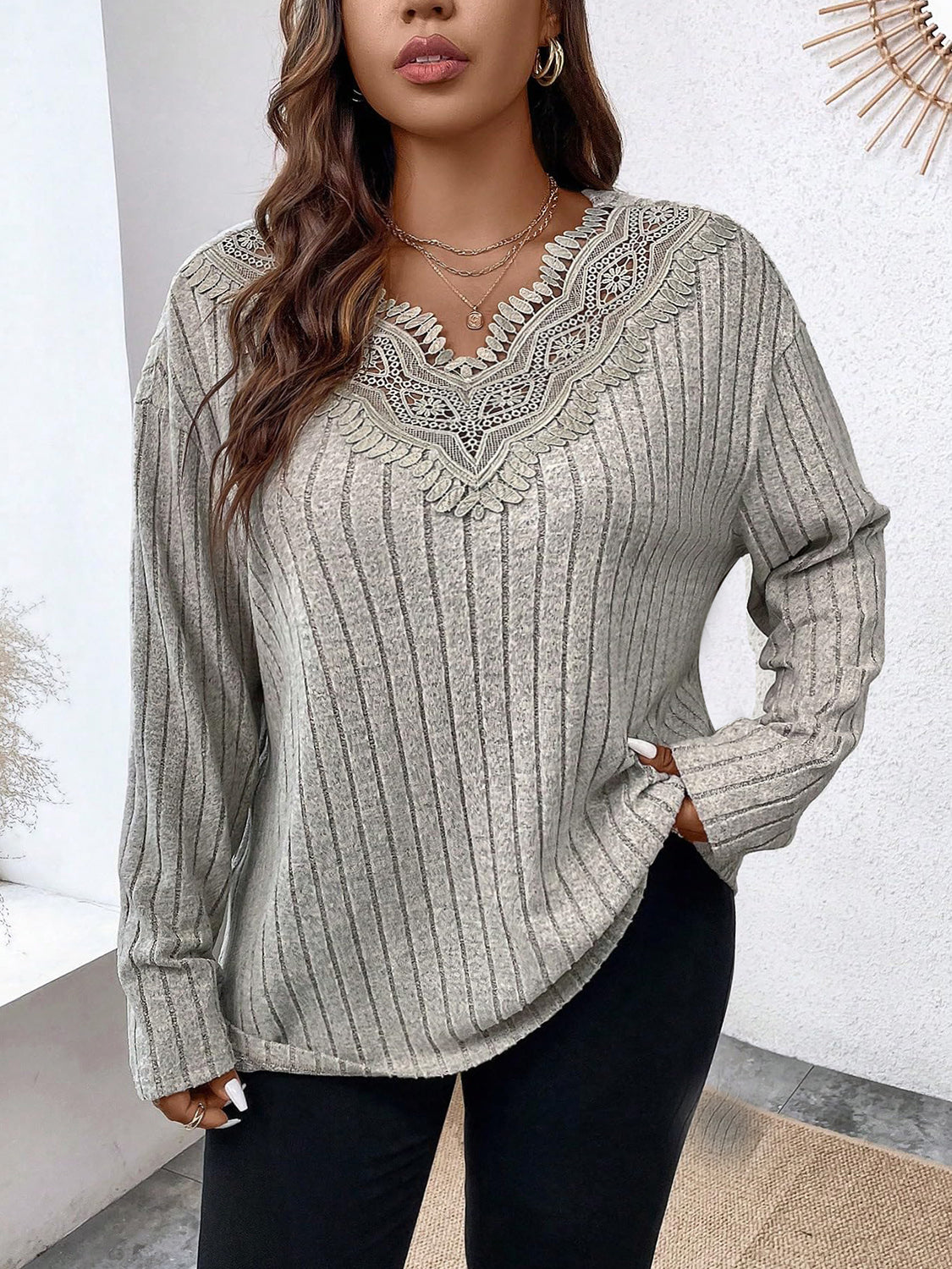 Plus Size Lace Detail Long Sleeve Sweater