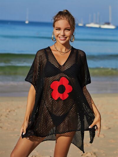 Flower V-Neck Short Sleeve Cover Up