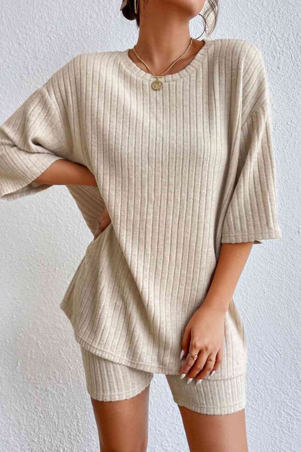 Casual Ribbed Top and Shorts Lounge Set