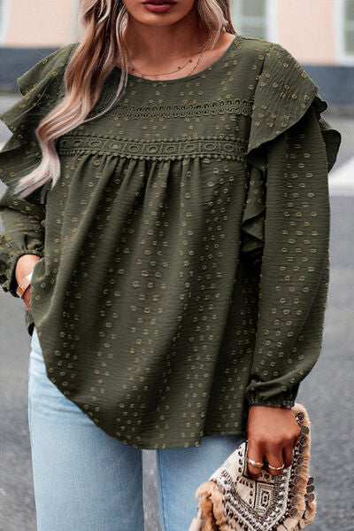 Plus Size Swiss Dot Ruffled Balloon Sleeve Blouse