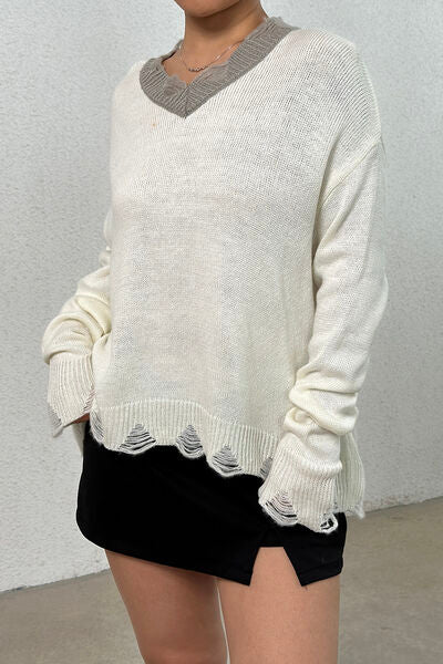 Distressed V-Neck Sweater