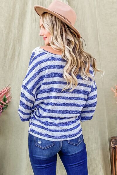 Chic Striped Lace Detail V Neck Top