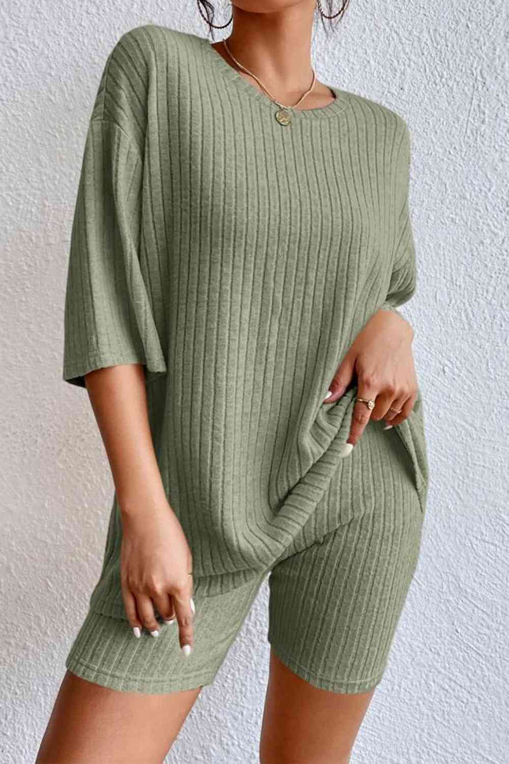 Casual Ribbed Top and Shorts Lounge Set