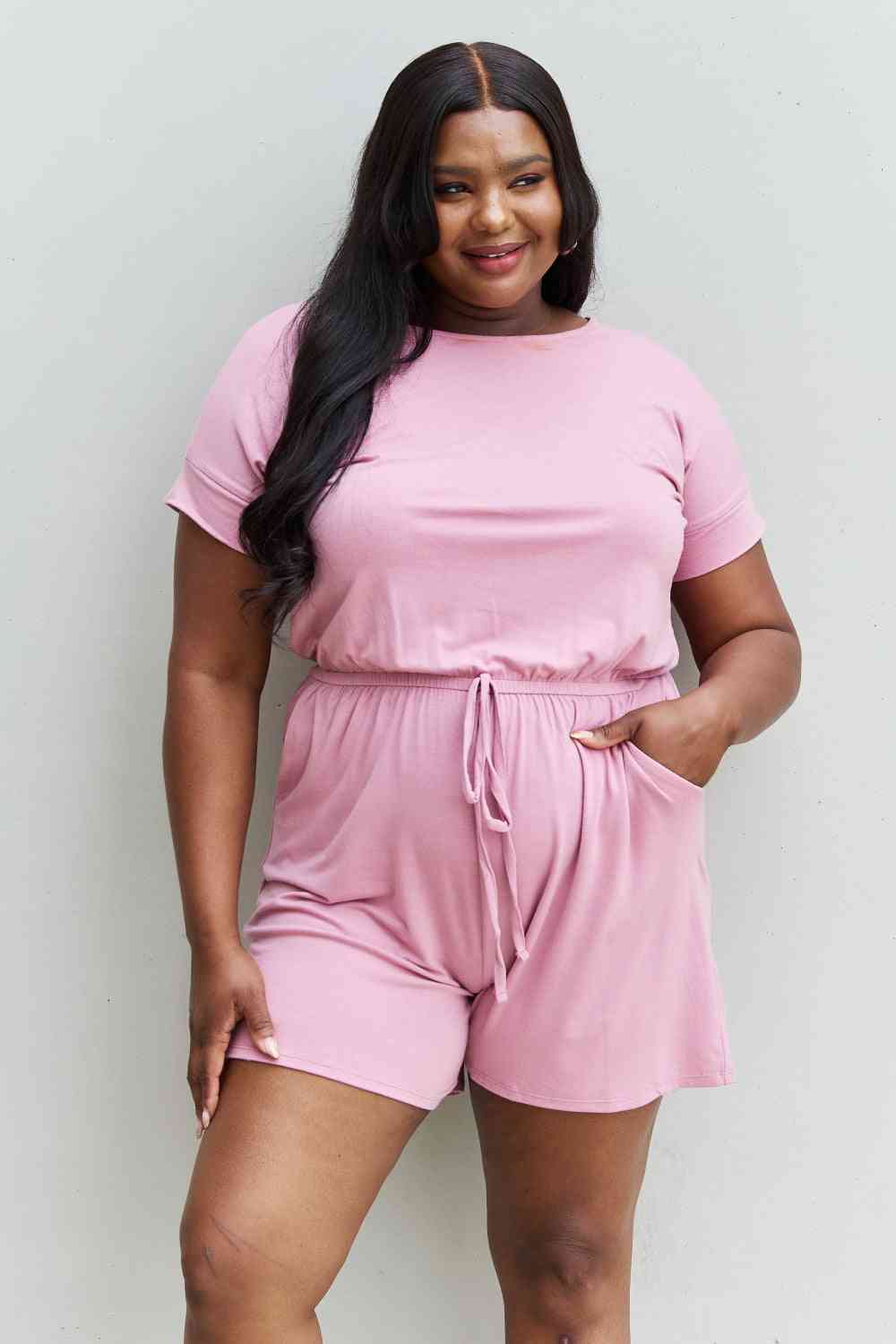 Comfy Short Sleeve Romper in Light Carnation Pink