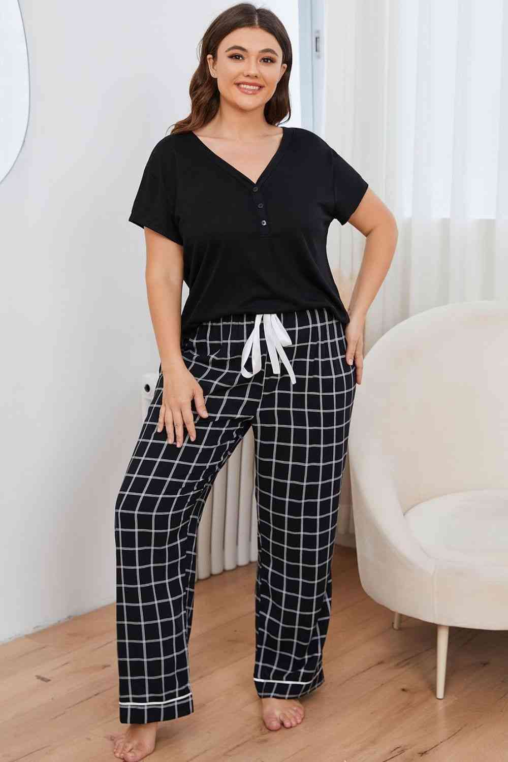 Curvy Shop V-Neck Top and Plaid Pants Lounge Set